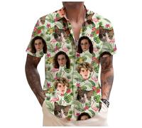 Tingwei Camicia Uomo Donna Personalizzato con Foto del Viso Camicia Hawaiana Personalizzata Manica Corta Tasca Frontale Floreale Ananas Tropicale Foglia di Palma Stampata Aloha Hawaii Camicia