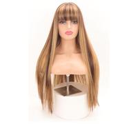 Tingyilan Parrucca dritta lunga bionda mista evidenziata da donna con frangia, parrucche sintetiche della parte centrale per feste Cosplay Halloween Anime Carnevale Fancy Dress