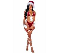 Tingyilan Set di Lingerie Sexy Babydoll di Babbo Natale Taglie Forti con Rifiniture in Pelliccia, Reggiseno e Slip con Cintura a Reggicalze e Polsini per Coscia,Rosso,5XL