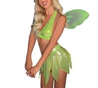 Tinkerbell Costume da donna, gonna in tulle verde, ali, costume da elfo, costume da fata della foresta, costume da fata, paillettes, set di abiti da fata, fantasia da principessa in tulle, per adulti