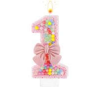 Tinoaly Candela di Compleanno Rosa Numero 1, Candela per Torta di Compleanno con Fiocco Rosa da 7,3cm Decorazione per Torta Macaron Glitterata Bambine Primo Compleanno Anniversario Festa