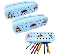 Tinsparkwin Confezione da 2 graziosi astucci in silicone per penne con fori fai da te e 3 decorazioni (casuali) borsa per pennelli da trucco da viaggio adatta per viaggi a casa da 19 cm (blu pallido