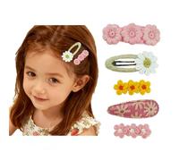 Tinsparkwin Set di 5 fermagli per capelli per bambini, con stampa a fiore, 3 fermagli a scatto e 2 clip a becco d'anatra per bambine e ragazze (mix rosa, bianco, giallo)