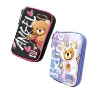 Tinta Unita Astuccio Rigido One Time EVA 21.5×14×7 cm - Completo Scuola Fantasie Young Orsetto e Cupido - 2 Penne Cancellabili + Pastelli + Accessori (Celeste Rosa Angel)