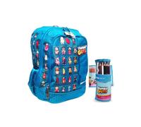 TINTA UNITA Zaino Scuola Stumble Guys AZZURRO Tondo 3 scomparti con badge Patch a destra Pool Over + Rotolo astuccio completo di 24 Pastelli + 1 penna cancellabile e 1 matita Zoo