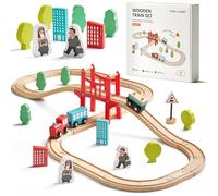 Tiny Land 39 Pcs Trenino Legno, Treno Giocattolo Bambini Set Ferrovia | Compatible con Tutte le Principali Marche, Trenino Giochi in Legno per Bambini 3+ Anni Natale