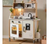 Tiny Land Cucina Giocattolo Per Bambini con 18 accessori per cibo e pentole giocattolo Set da gioco Set da gioco per chef in legno per bambini con luci e suoni reali