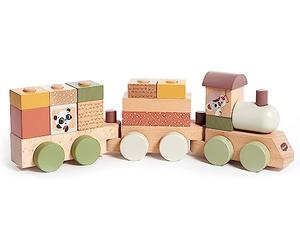 Tiny Love Treno di Legno, Trenino Legno Bambini, Gioco con Puzzle Forme e Colori con 3 Vagoni e 14 Blocchi Impilabili, Creatività, Abilità Motorie, Design Naturale, 18+ Mesi, Boho Chic