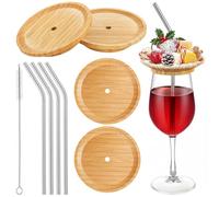 Tioncy 4 topper per bicchieri da vino con cannuccia, 10,2 cm, rotondo, per salumi, con foro, piatti per antipasti, per feste, riunioni di famiglia, ristoranti, bar, regalo di inaugurazione della casa