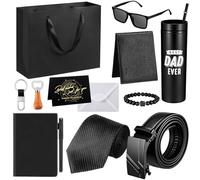 Tioncy Set regalo da 12 pezzi da uomo, per compleanno, festa del papà, con cestino, bicchiere, apribottiglie in legno, portafoglio, cravatta, cintura, portachiavi, occhiali da sole, penna, diario