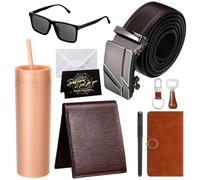 Tioncy Set regalo da uomo per compleanno, 12 pezzi, con scatola, bicchiere, portafoglio, cravatta, cintura, portachiavi, occhiali da sole, penna, diario (marrone), Marrone, Trasparente