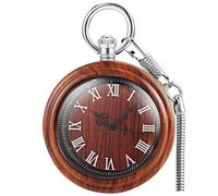 Tiong Classico orologio da tasca in legno al quarzo con design a faccia aperta, ciondolo in legno steampunk per festa del papà, compleanno, Rosso marrone, Classico