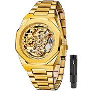 Tiong Orologi meccanici da uomo alla moda orologio da uomo automatico blu in acciaio inossidabile impermeabile orologio scheletro da lavoro, FOR8202-oro, Orologio al quarzo, meccanico, a carica