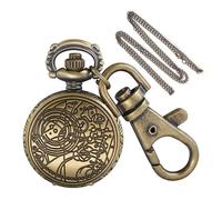 Tiong Orologio da tasca al quarzo con motivo bronzo Time & Latitude-Longitudine, di piccole dimensioni, design retrò scavato con portachiavi e catena, accessorio regalo unico, KPW-52, Moda