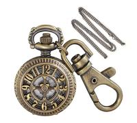 Tiong Orologio da tasca al quarzo con motivo bronzo Time & Latitude-Longitudine, di piccole dimensioni, design retrò scavato con portachiavi e catena, accessorio regalo unico, KPW-20, Moda
