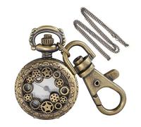 Tiong Orologio da tasca al quarzo con motivo bronzo Time & Latitude-Longitudine, di piccole dimensioni, design retrò scavato con portachiavi e catena, accessorio regalo unico, KPW-79, Moda
