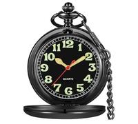 Tiong Orologio da tasca al quarzo, con numeri arabi, numeri arabi, con catena e scatola, colore: nero, Nero-S, feste, tutti i giorni