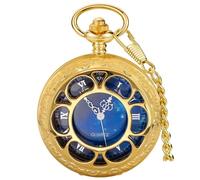 Tiong Orologio da tasca al quarzo Hollow Steampunk Blue Star Design numeri romani orologio da tasca con catena regali di Natale, Oro 1., Vintage