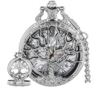 Tiong Orologio da tasca con albero della vita, numeri romani e arabi, orologio da tasca al quarzo con ciondolo a catena, per uomini e donne, 48-argento, Classico