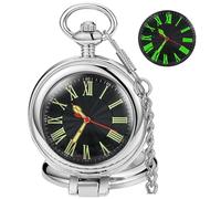 Tiong Orologio da tasca con copertura trasparente, al quarzo, numeri arabi/romani, da uomo, personalizzabile, con coperchio posteriore e scatola, argento-R, feste, tutti i giorni