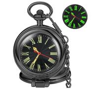 Tiong Orologio da tasca con copertura trasparente, al quarzo, numeri arabi/romani, da uomo, personalizzabile, con coperchio posteriore e scatola, Nero-R, feste, tutti i giorni