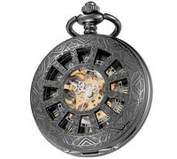 Tiong Orologio da tasca con scheletro meccanico vintage speciale con design a 12 finestrelle da uomo nero con ciondolo a catena regalo e scatola regalo, Nero e rosso 2, Classico