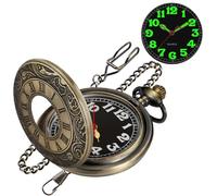 Tiong Orologio da tasca da uomo al quarzo rivestito in bronzo, con numeri arabi luminosi, quadrante nero, orologio da tasca con catena, Cf-new01