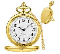 Tiong Orologio da tasca in acciaio liscio, da uomo, con numeri romani, scala al quarzo, con catena, per uomo e donna, 64-oro, Classico