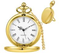 Tiong Orologio da tasca in acciaio liscio, da uomo, con numeri romani, scala al quarzo, con catena, per uomo e donna, 52 - oro, Classico