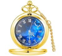 Tiong Orologio da tasca in acciaio liscio, design con numeri romani, vintage, al quarzo, orologio da tasca con catena, regalo per festa del papà, compleanno, Natale, Oro 19, Classico