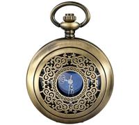 Tiong Orologio da tasca in bronzo anticato traforato con catena, quadrante blu cielo stellato, orologio da tasca vintage da uomo con catena