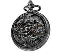 Tiong Orologio da tasca meccanico con catena cava incisa vintage nero Steampunk scheletro uomo orologio da tasca ciondolo regali e confezione regalo, Nero glod 4, Classico
