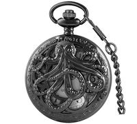 Tiong Orologio da tasca vintage al quarzo con polpo cavo, da uomo, stile steampunk, con drago inciso, orologio da tasca con collana a catena per uomo, Nero e bianco, Classico