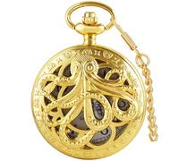 Tiong Orologio da tasca vintage al quarzo con polpo cavo, da uomo, stile steampunk, con drago inciso, orologio da tasca con collana a catena per uomo, Oro bianco, Classico