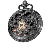 Tiong Orologio da tasca vintage con scheletro meccanico e steampunk, con scheletro, numeri romani, orologio da tasca per uomo, idea regalo e scatola, Nero e rosso, Retrò