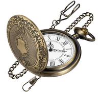 Tiong Orologio da tasca vintage in bronzo con catena, cassa incisa intricata e quadrante con numeri romani, orologio da tasca al quarzo da uomo classico retrò