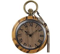 Tiong Orologio da tasca vintage in legno al quarzo, fatto a mano, in legno di bambù, con catena, da uomo, con scatola regalo, Marrone chiaro, Classico