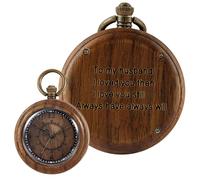 Tiong Orologio da tasca vintage in legno al quarzo, fatto a mano, in legno di bambù, con catena, da uomo, con scatola regalo, A mio marito, Classico