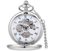 Tiong Orologio da tasca vintage meccanico steampunk orologi da tasca scheletro numeri romani con catena ciondolo e scatola regalo migliori regali, Blu e bianco., 3