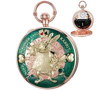 Tiong Orologio da taschino Alice nel paese delle meraviglie con carillon a manovella, con catena, regalo di compleanno e laurea, 45-verde, Classico