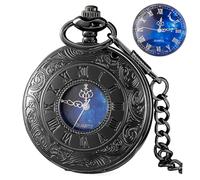 Tiong Orologio da taschino con numeri romani cavi, stile vintage, blu stellato, al quarzo, con ciondolo a catena, per uomo e donna, CF2007-nero, Classico