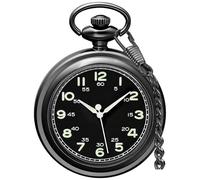 Tiong Orologio da taschino da uomo, vintage, al quarzo, scoperto, classico, con numeri arabi, quadrante luminoso, con catena, per compleanno, laurea, 70-nero, Classico