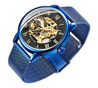 Tiong Orologio meccanico da uomo con scheletro e numeri romani Steampunk orologio meccanico a carica manuale orologio da uomo regalo (blu nero)