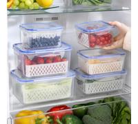TiooDre Contenitori salvafreschezza per verdure, set di 3 contenitori per frutta con coperchio, per frutta e verdura con coperchio, griglia scolapiatti, 0,8 l + 1,7 l + 3,3 l per frigorifero per