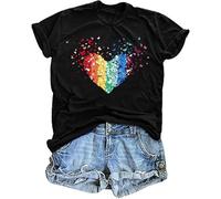 tiorhooe Maglietta a maniche corte da donna con bandiera arcobaleno e cuore per il mese dell'orgoglio LGBT, Nero 1, S