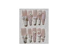 Tip Unghie Simpatico fiocco di perle stampato a mano sulle unghie Dolce gonna scozzese Balletto lungo Nail Art con perline Glitter bianco finto(Super long-S)