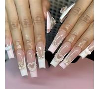Tips per unghie, unghie finte, tips art, Unghie finte balletto lungo con strass Design francese Unghie finte indossabili Stampa glitterata sulle punte delle unghie Art(20)