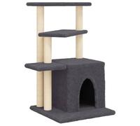 Tiragraffi con colonne in sisal e morbido peluche, grigio scuro, altezza 83,5 cm, albero per gatti a più livelli con grotta, superfici di riposo, parete da arrampicata e struttura stabile in legno per
