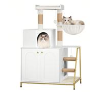 Tiragraffi con mobiletto per lettiera, mobiletto per gatti, cuccia moderna 4 in 1 per gatti con ampia piattaforma, cuccia per gatti con tappetino tiragraffi in sisal, pali, scale e pompon, cuscini lav