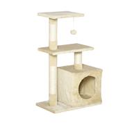 PawHut Albero Tiragraffi per Gatti con Cuccia, Pallina e Pali in Corda Sisal, in Peluche Beige, 49x30x81.5cm